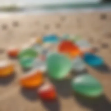 A close-up view of colorful sea glass pieces scattered on a sandy beach