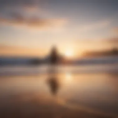 A breathtaking view of Nelscott Beach at sunrise with surfers catching the first waves.