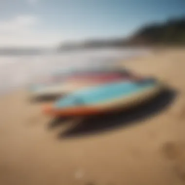 A close-up of surfboards lined up on the sandy shores of Nelscott Beach.