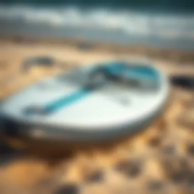 Paddle Board Gear on Sandy Beach A close-up of paddle board gear laid out on a sandy beach