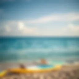 A tranquil ocean view with paddle boards resting on the shore