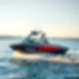 Sleek wake surf boat cruising on a lake