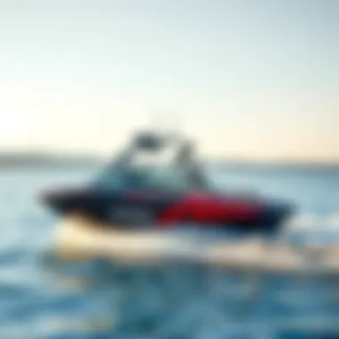 Sleek wake surf boat cruising on a lake