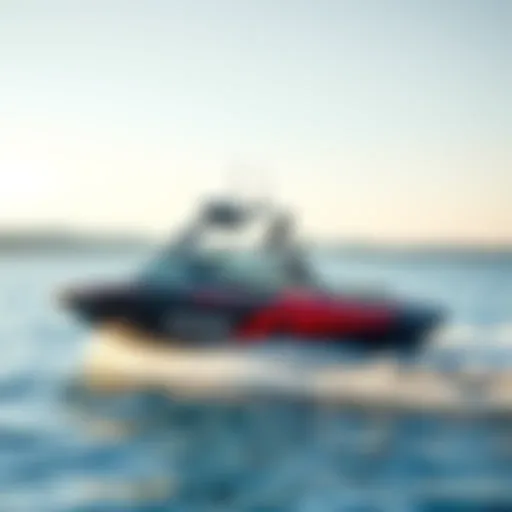 Sleek wake surf boat cruising on a lake