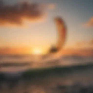 A vibrant sunset illuminating the kite surfing scene