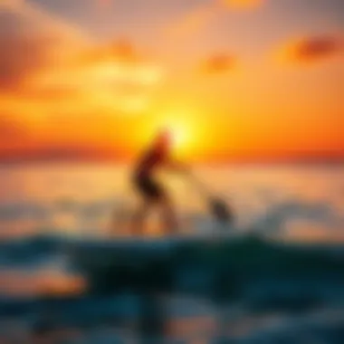 Serene Moments: Sunset Paddle Boarding Experience A vibrant sunset backdrop highlighting a paddle boarder on a hydrofoil