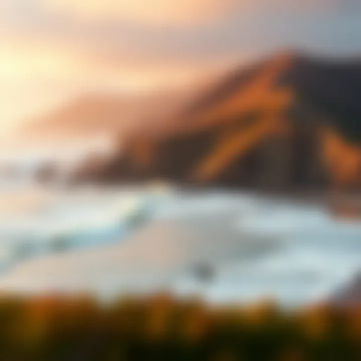 A panoramic shot of a popular surf spot along the California coastline