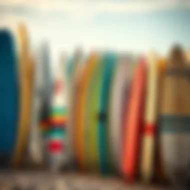 Surfboards available for rent at Rincon A collection of surfboards ready for rental on the beach