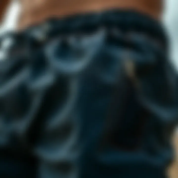 Close-up of material and stitching of surf shorts