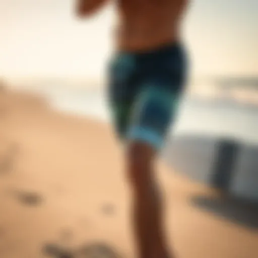 Stylish RS surf shorts displayed on sandy beach