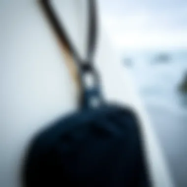 Detailed View of the Key Pouch Close-up of waterproof key pouch with surfboard in background
