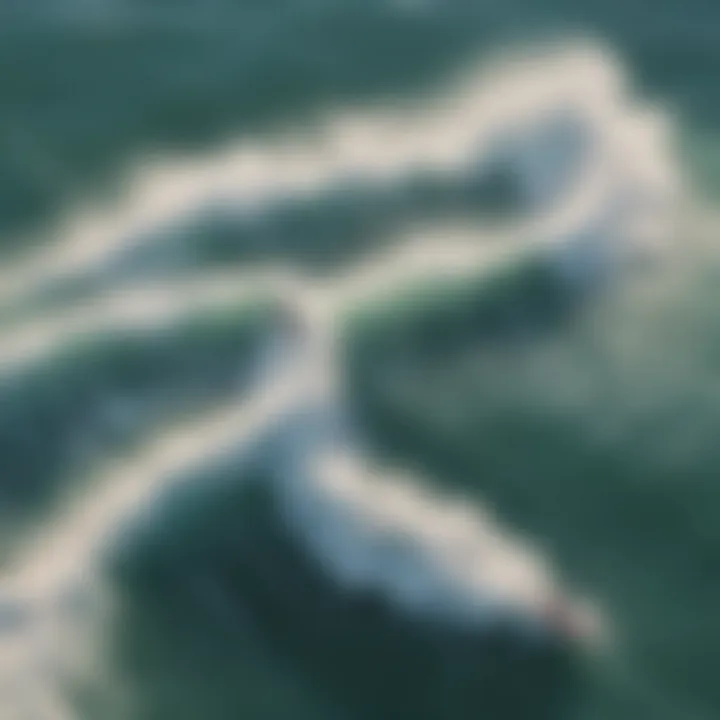 An aerial view of a vibrant wake surfing community enjoying the waves together.