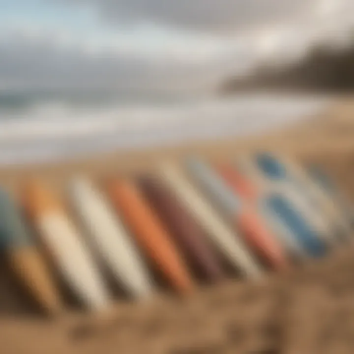 Surfboards lined up on the beach's sandy shore