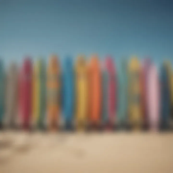 Colorful surfboards lined up on the sandy beach