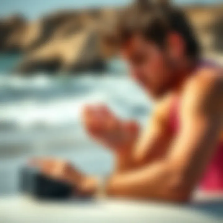 Practical Use of Surf Onn Tablet Gen 2 at the Beach User engaging with the Surf Onn Tablet Gen 2 while on a beach, highlighting its practical use