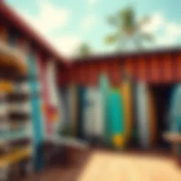 A vibrant surfboard rental shop in Lahaina showcasing a variety of boards
