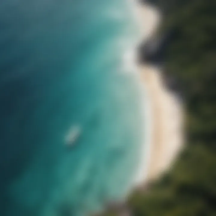 An aerial shot of a famous surf spot in Seychelles, showcasing crystal clear waters.