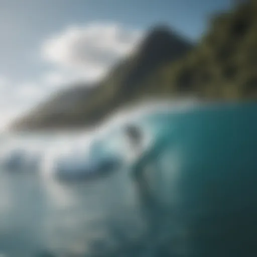 A breathtaking view of the coastline of Seychelles with surfers riding the waves.