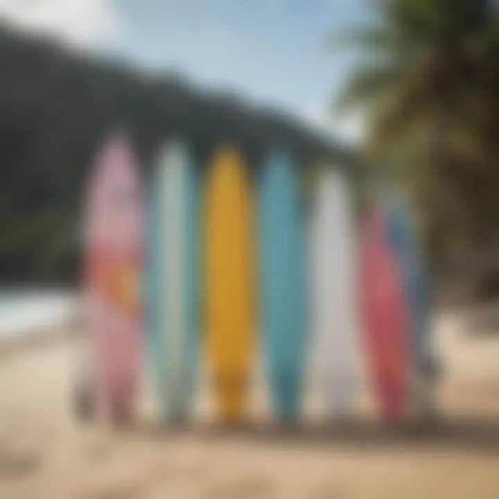 A close-up of surfboards lined up on the beach, highlighting various designs and colors.