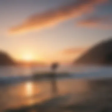 A scenic view of surfers at sunset