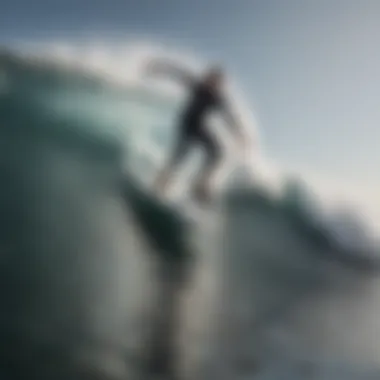 A surfer riding a wave with a sleek carbon fiber surfboard, illustrating performance