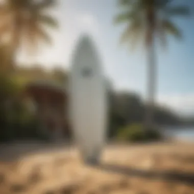 Eco-Friendly Innovations in Surfboard Design A modern surfboard made from eco-friendly materials displayed in a vibrant setting