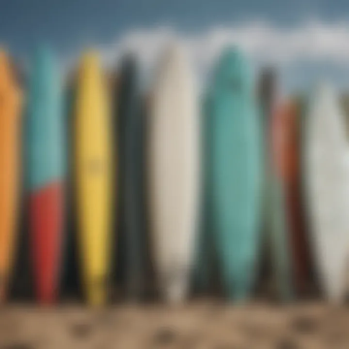 An array of surfboard materials, including foam, fiberglass, and resins, presented artistically