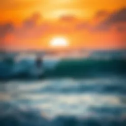 A breathtaking view of surfers riding waves at sunset in Panama City.