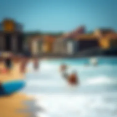The Vibrant Atmosphere of San Sebastian Beaches A lively beach scene with surfers and sunbathers enjoying the sun and surf.