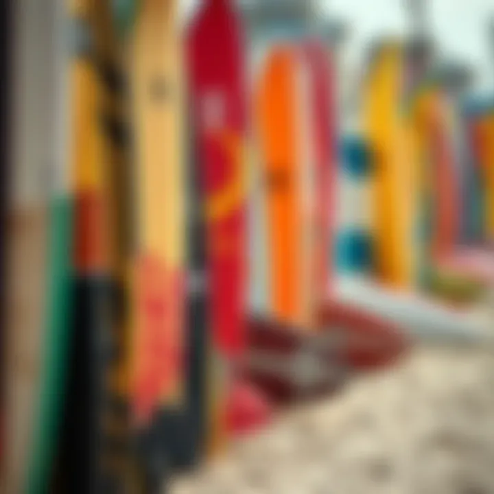 Diverse Surf Gear in San Sebastian Surfboards lined up on the beach, showcasing vibrant designs and colors.