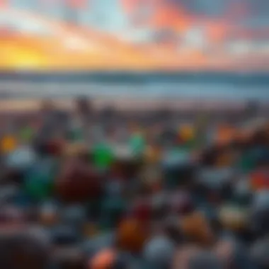 Sunset Serenity on Glass Shores A panoramic view of a serene glass beach at sunset, highlighting the interplay of colors.