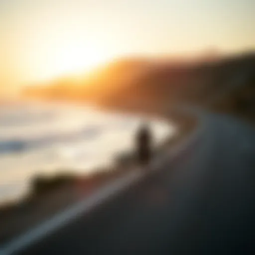 A serene longboard cruising scene along a coastal road