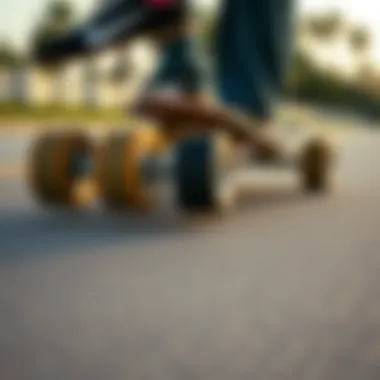 Precision in Motion A close-up of longboard wheels on a smooth pavement