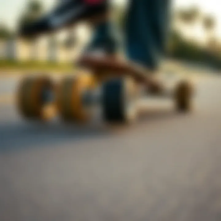 Precision in Motion A close-up of longboard wheels on a smooth pavement