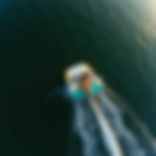 Aerial Perspective of Wake Surfing An aerial view of a wake surfer gliding on the water