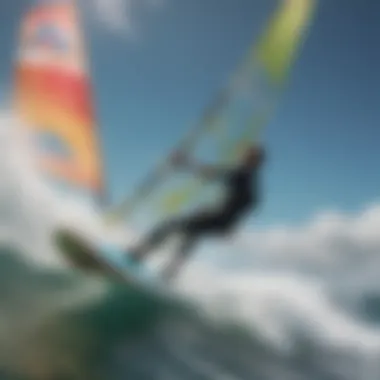 A vibrant wind surfer gliding across the waves with a colorful sail