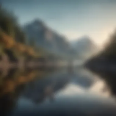 A peaceful lakeside view with mountains in the distance