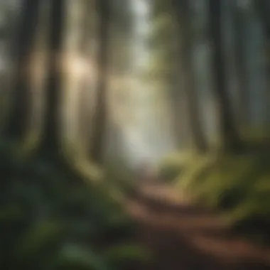 A serene forest landscape with sunlight filtering through the trees