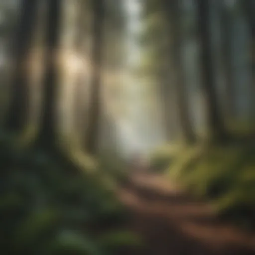 A serene forest landscape with sunlight filtering through the trees