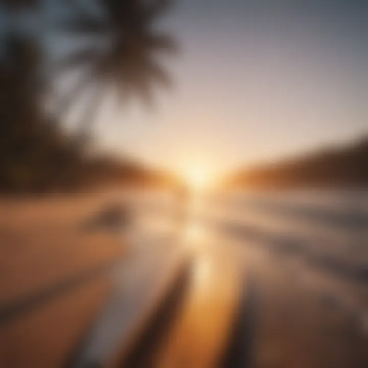 Serene beach at sunset with surfboards