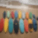 A collection of vibrant body boards displayed on the beach