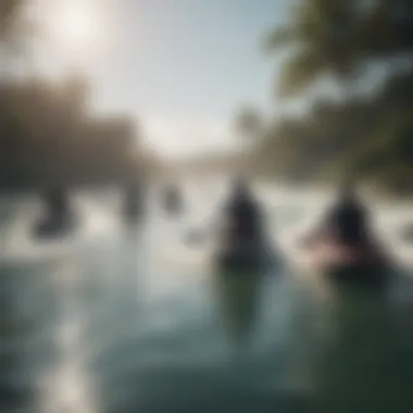 A serene waterscape with kneeboarders enjoying their time on the water.