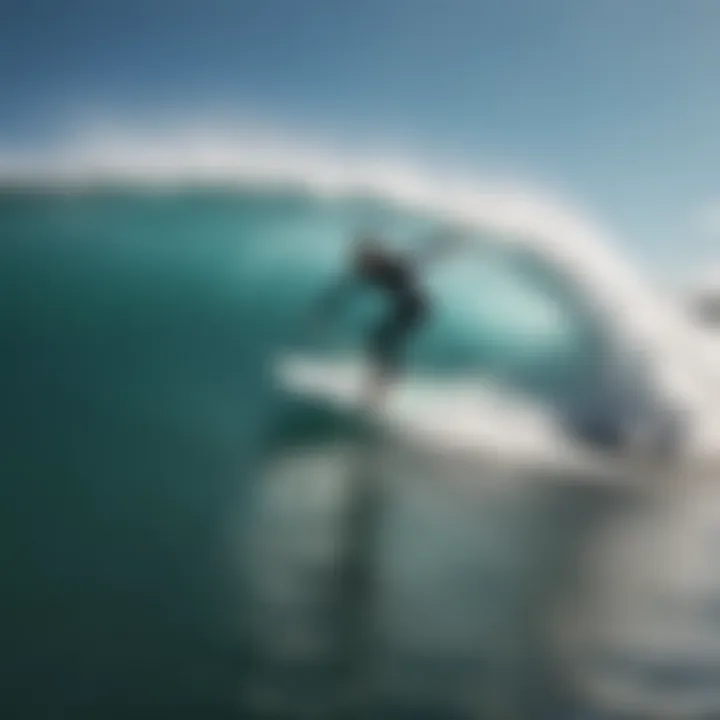 A surfer riding a wave on a soft top surfboard