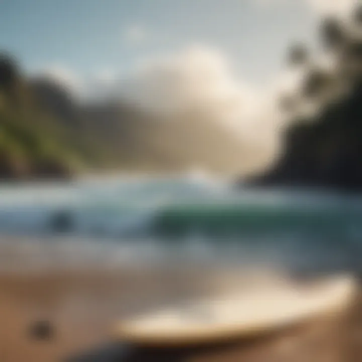 A breathtaking view of Hawaii's rugged shoreline with surfboards on the beach