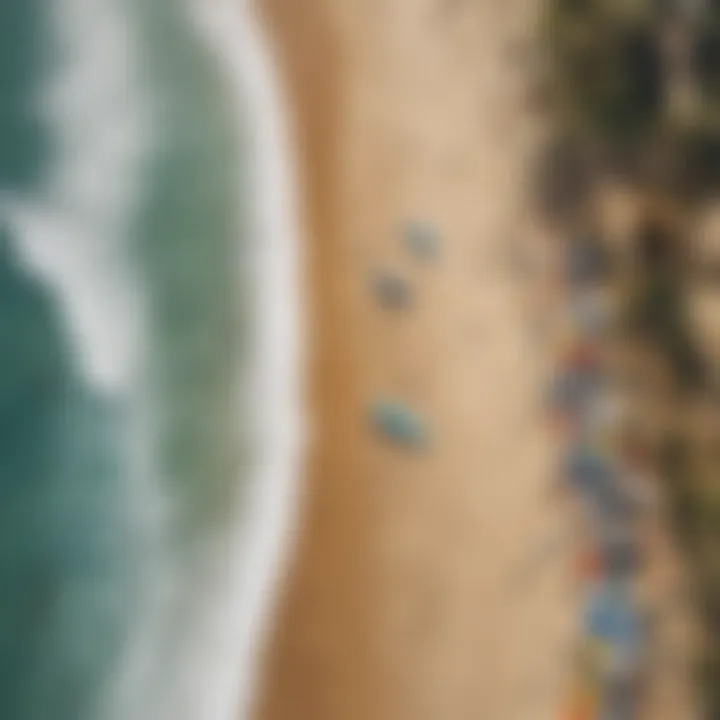 An aerial view of a surf competition taking place on a pristine beach