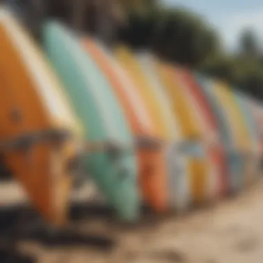 A close-up of surfboards lined up on the beach at Mission Beach