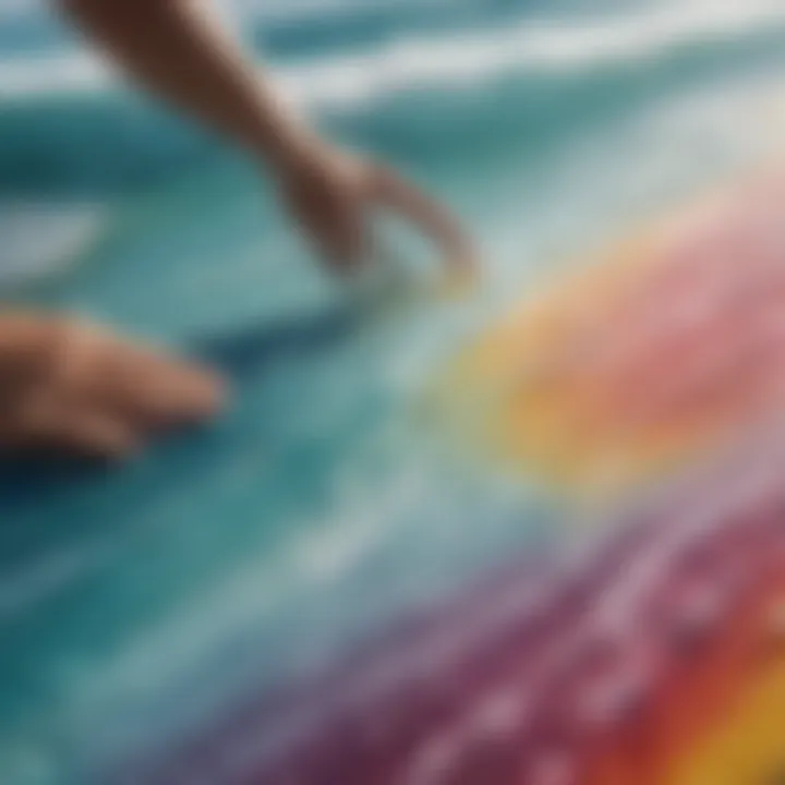 Close-up of resin application on surfboard with vivid pigments