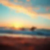 A vibrant beach scene showcasing surfers riding waves at sunset, capturing the spirit of surfing culture.