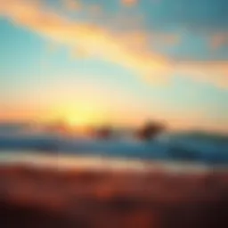 A vibrant beach scene showcasing surfers riding waves at sunset, capturing the spirit of surfing culture.