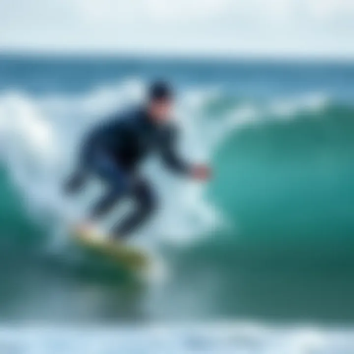 Wetsuit Performance on Waves Wetsuit in action while riding a wave, highlighting performance benefits